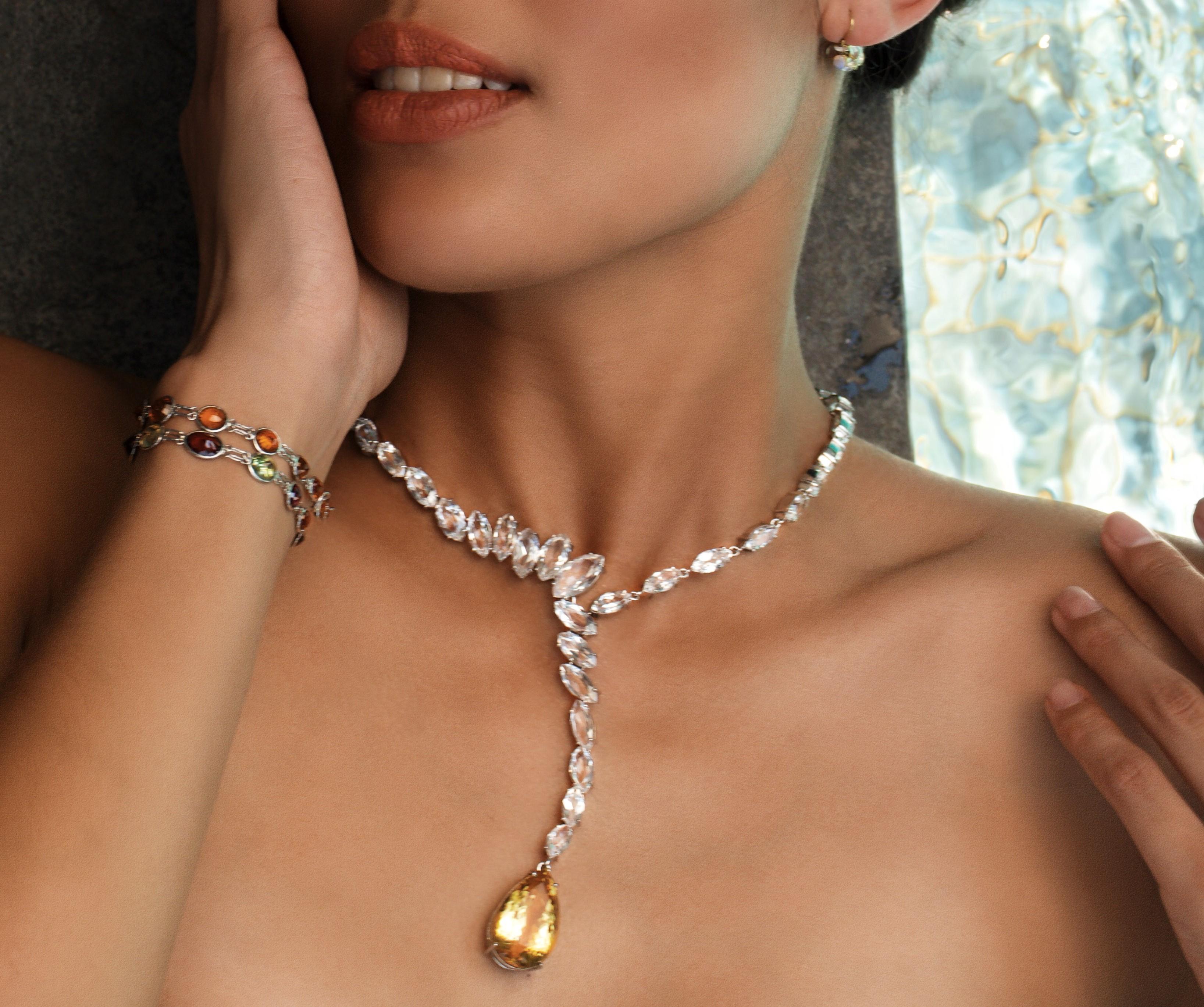 Introducing our 19ct Yellow Pear Cut Citrine with 38 White Topaz Choker Drop Necklace—an absolute stunner that radiates elegance. This masterpiece features a 19-carat pear-cut natural untreated citrine drop, a lariat-style with 7x oval white topaz