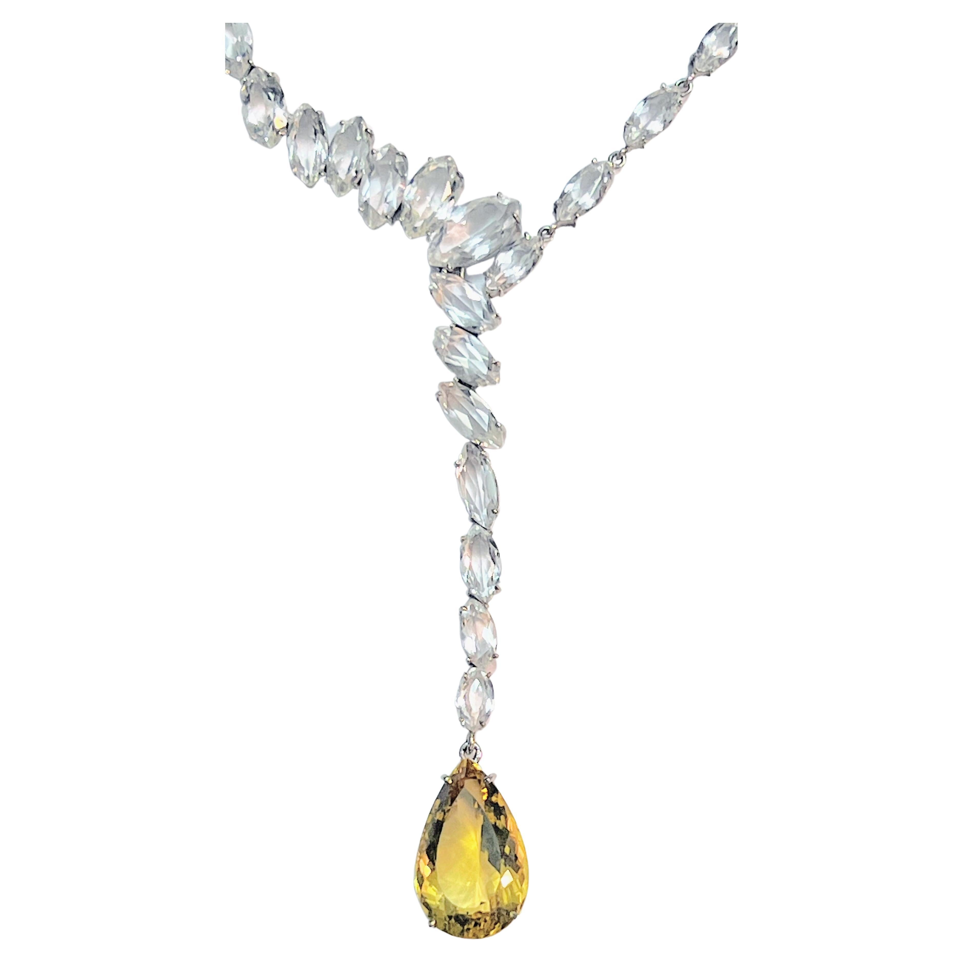 Mixed Cut 19ct Natural Yellow Citrine with 38 White Topaz Choker Drop Necklace 