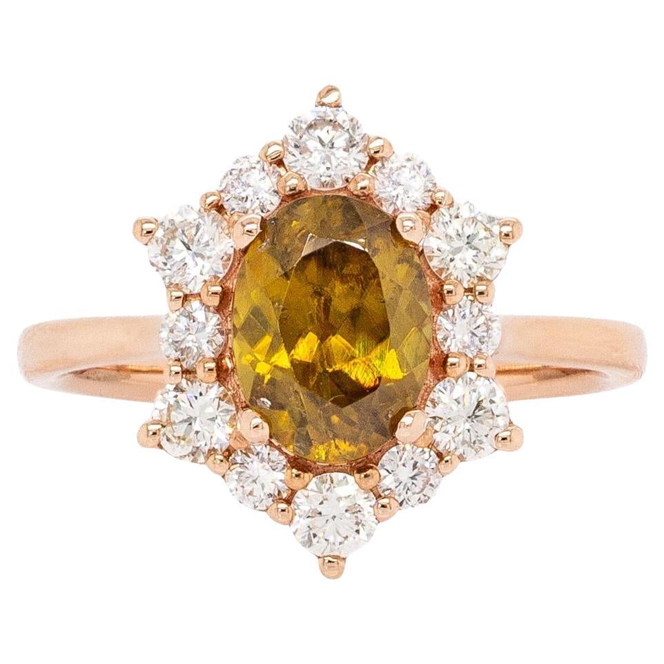 Bague en sphène de 1,9cts avec accents de diamants naturels : Or rose massif 14K, ovale 8x6mm