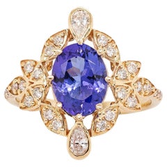1.9cts Tanzanite Ring with Natural Diamonds Accents: 14k Solid Gold, Oval 9x7mm