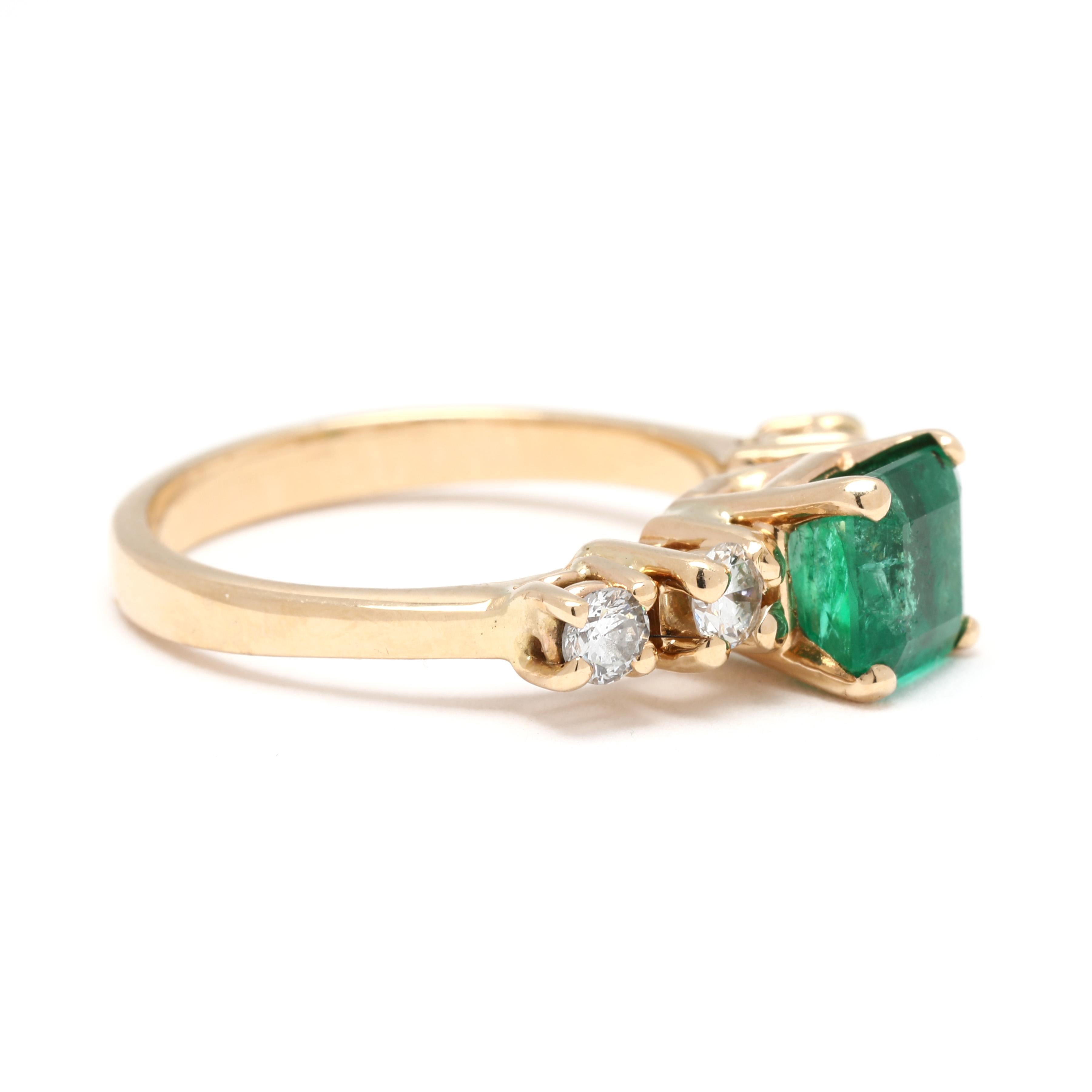Stones:
diamonds, 4 stones
round brilliant cut
3 mm
approximately .40 total carats
GH color/ SI2-I1 clarity
emerald, 1 stone
square cut
6.3 x 6.5 x 5.2 mm
approximately 1.5 total carats
*with a surface reaching inclusion

Ring Size 6.75

Length: 6.7