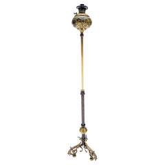 Antique 19h Century Cast Polished Brass Tripod Base Adjustable Height Oil Flor Lamp MINT
