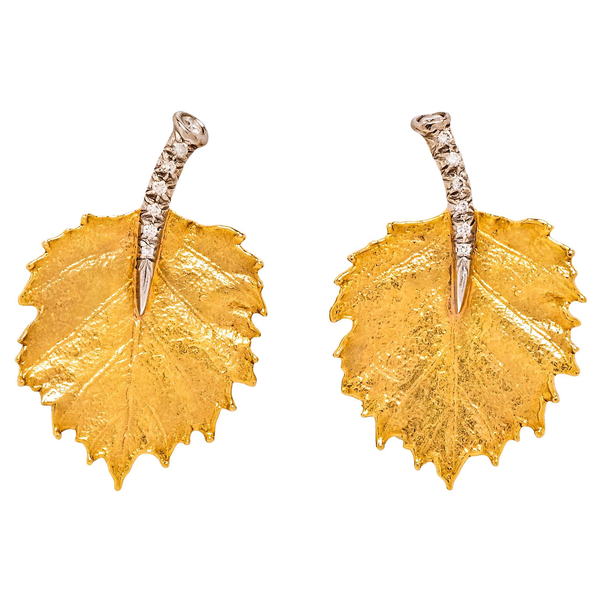 19k Gold und Diamant Blatt Ohrringe im Angebot