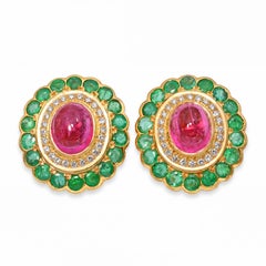 19k Yellow Gold 12.5tcw Tourmaline 3.60tcw Emerald and Diamond Mughal Ear Clips