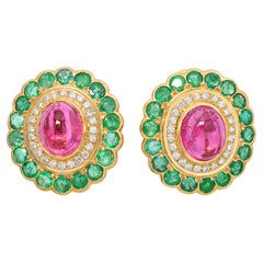 19k Yellow Gold 12.5tcw Tourmaline 3.60tcw Emerald and Diamond Mughal Ear Clips
