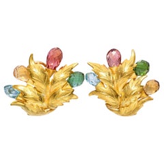 19k Yellow Gold 24.5tcw Briolette Cut Tourmaline Foliage Ear Clips