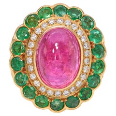 19k Yellow Gold Emerald Diamond & Rubellite Tourmaline Mughal Inspired Ring