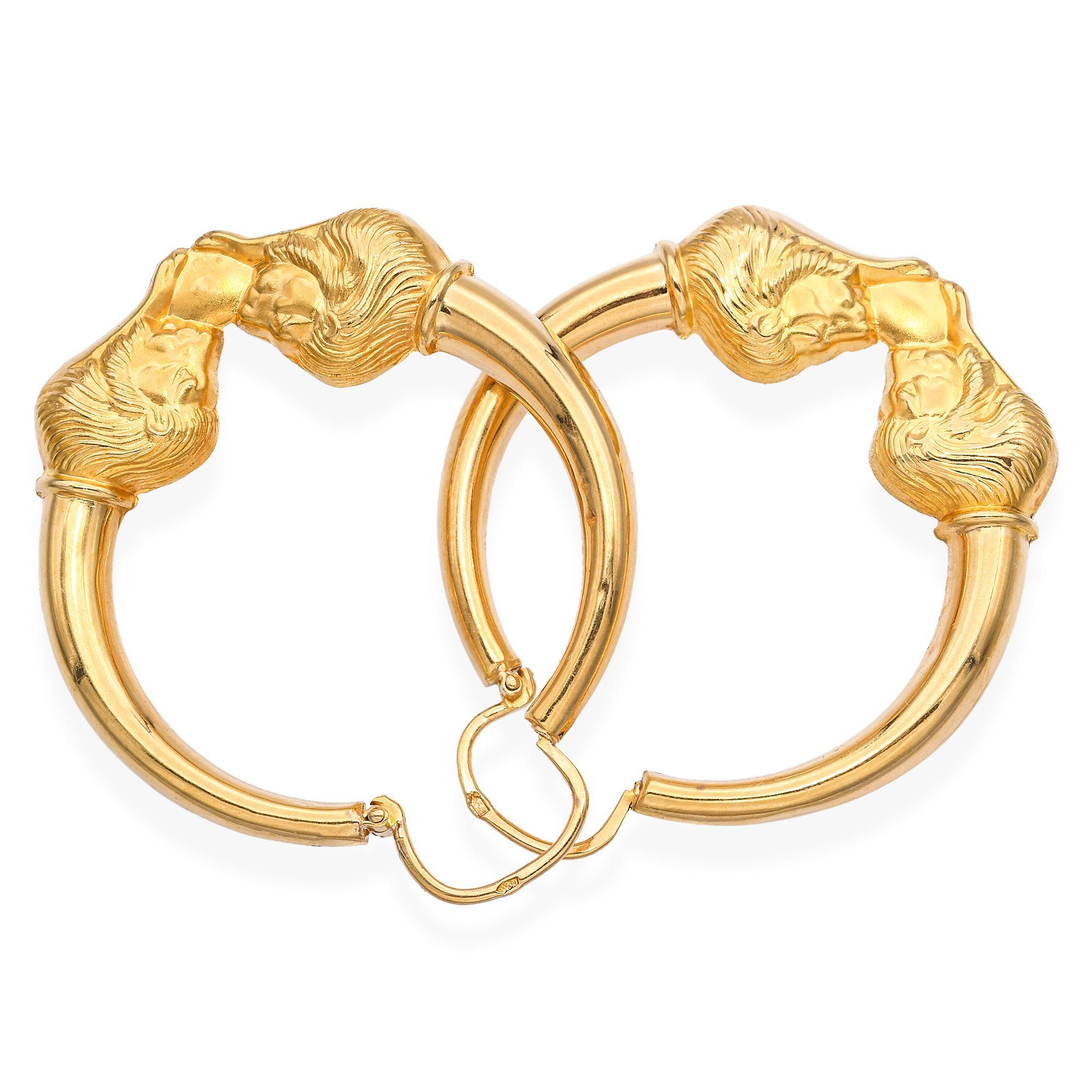 Women's 19k Yellow Gold Lion Hoop Earrings For Sale