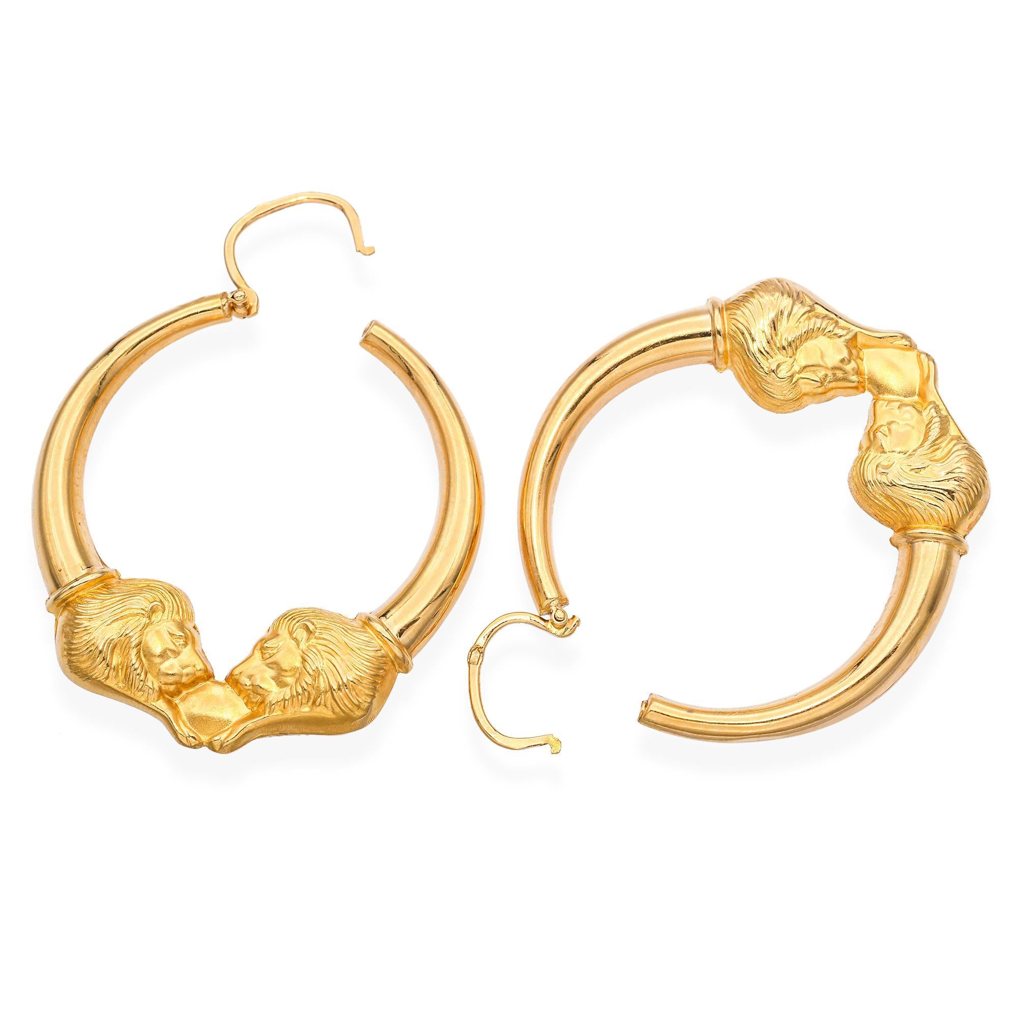 19k Yellow Gold Lion Hoop Earrings For Sale 1