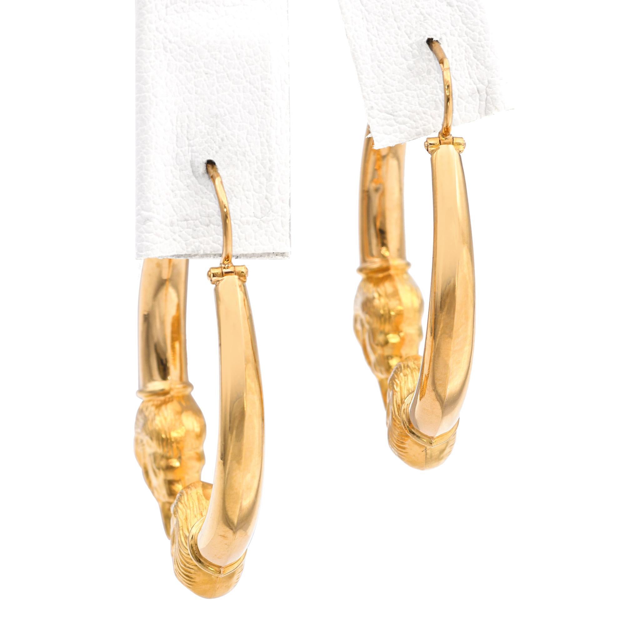 19k Yellow Gold Lion Hoop Earrings For Sale 2