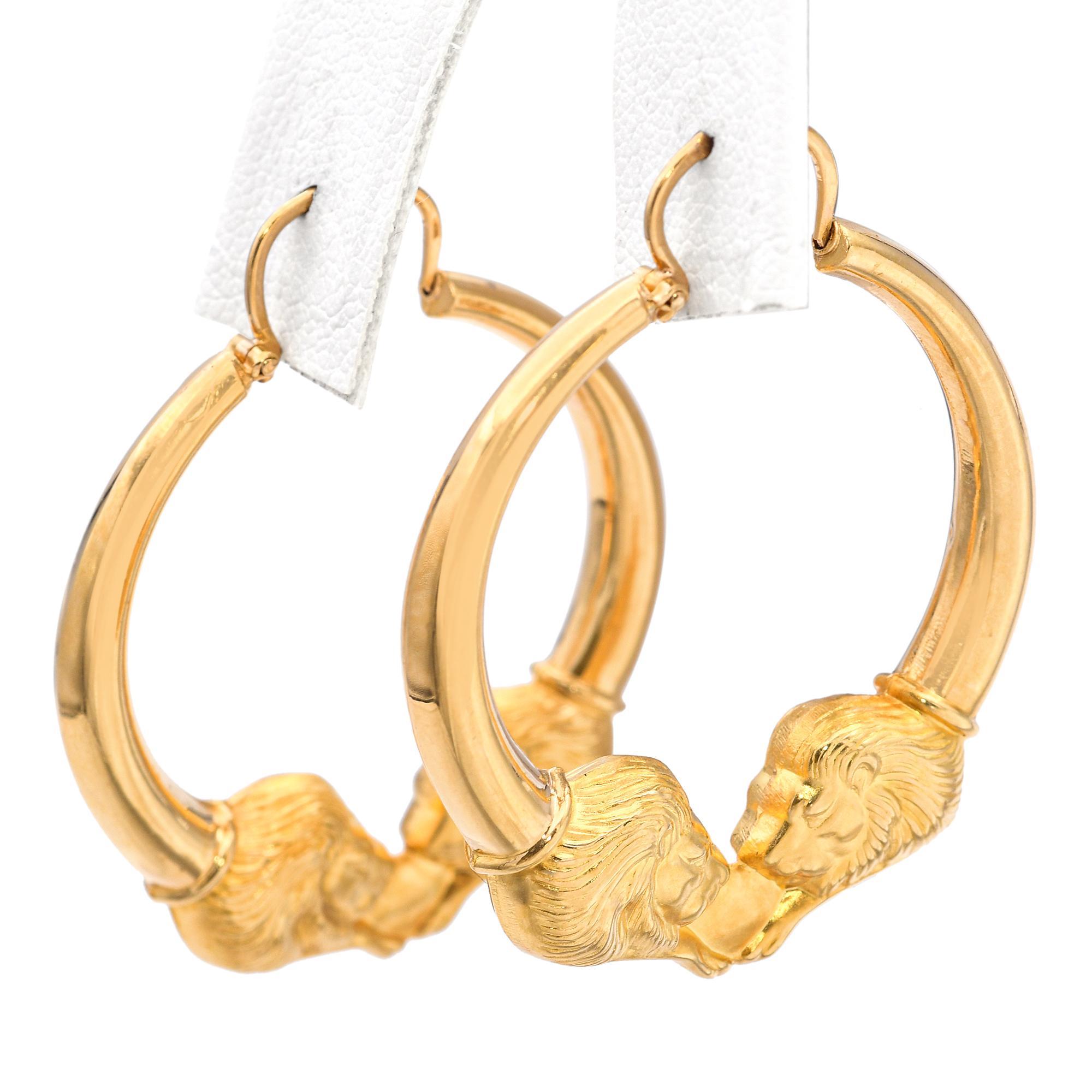 19k Yellow Gold Lion Hoop Earrings For Sale 3