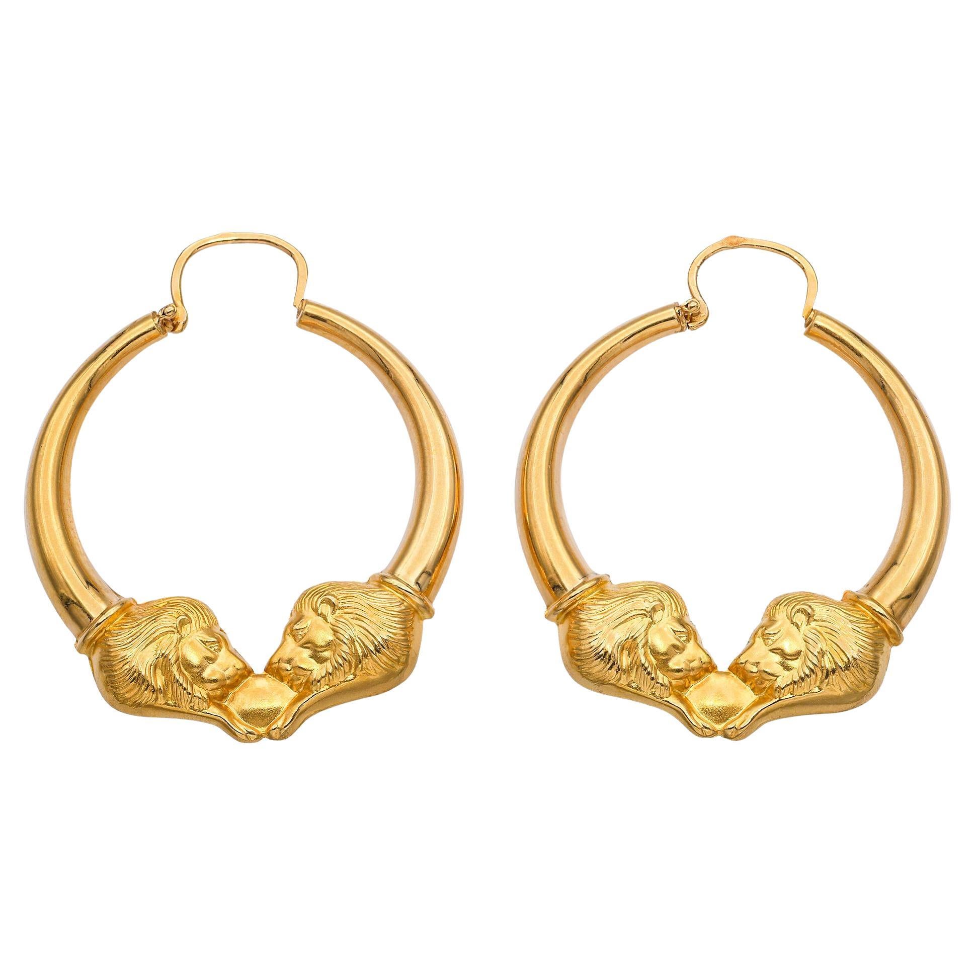 19k Yellow Gold Lion Hoop Earrings For Sale