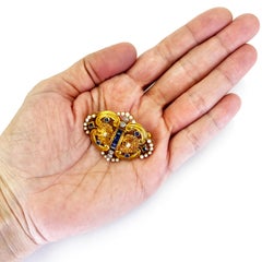 19K Yellow Gold Sapphire Pearl & Rose Cut Diamond Antique Pin