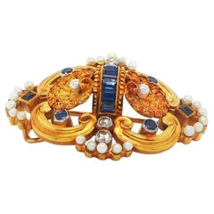 19K Yellow Gold Sapphire Pearl & Rose Cut Diamond Antique Pin