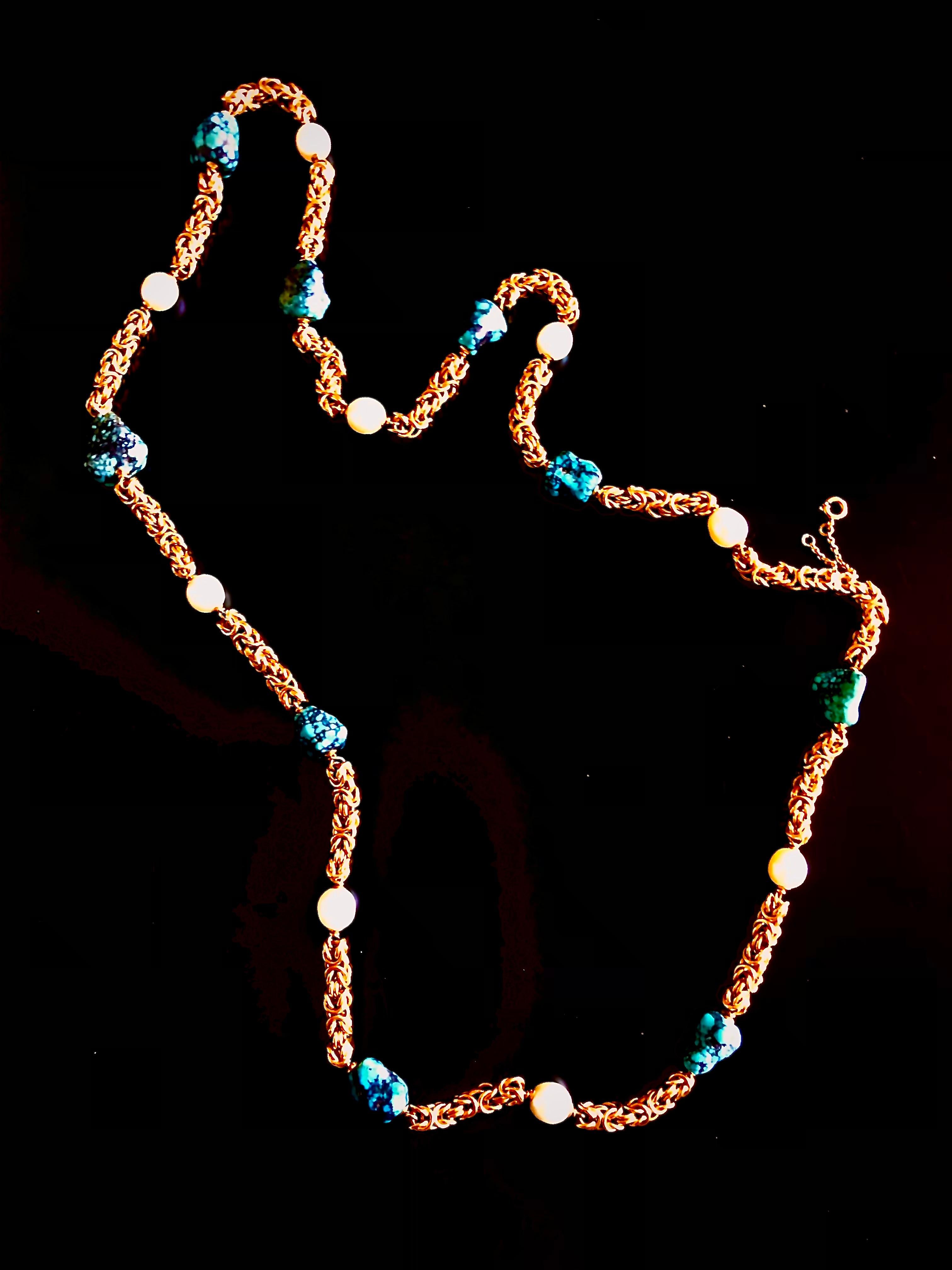 Bead 19kt gold chain with Pearls and Turquoise For Sale