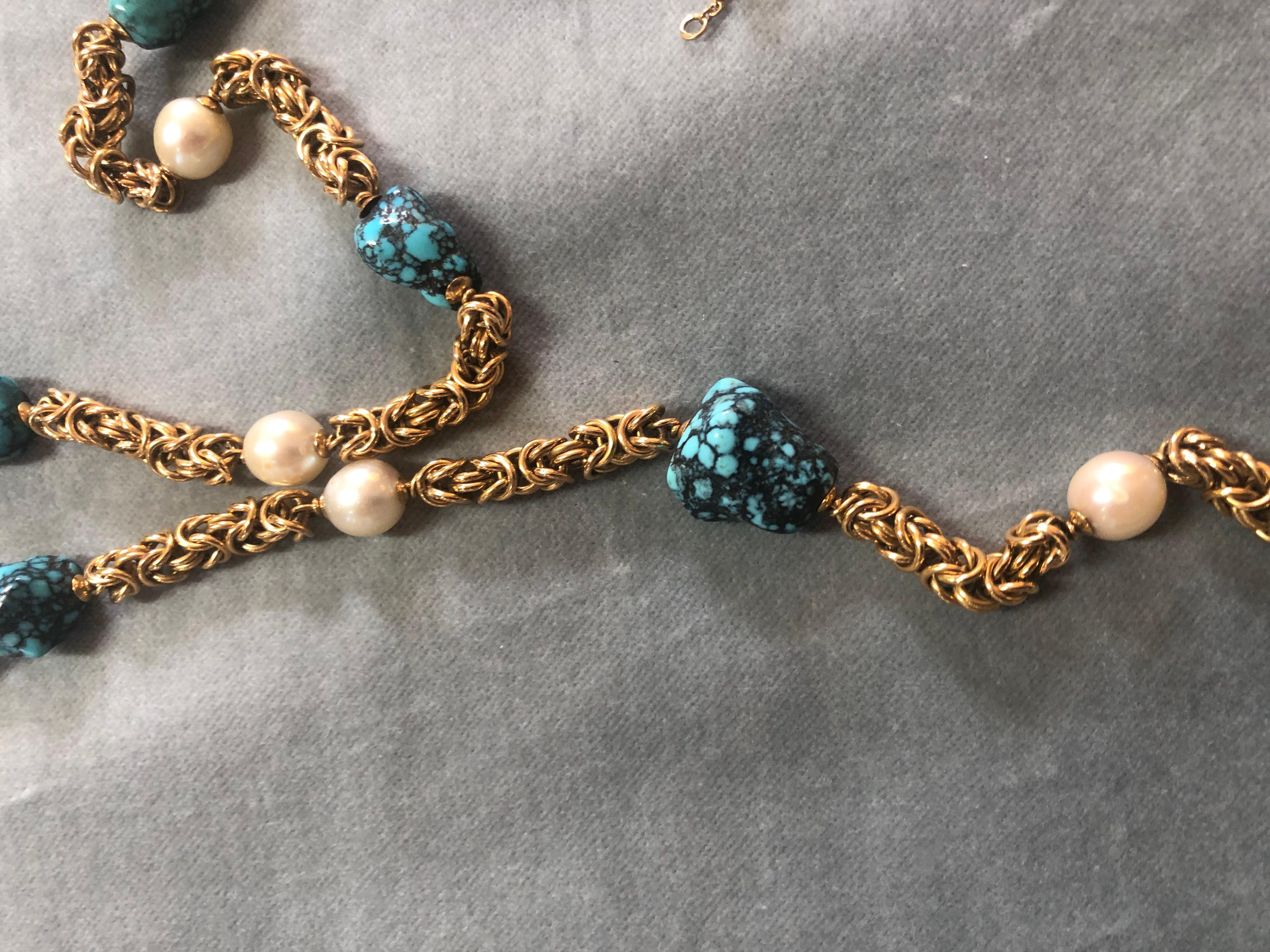 Women's or Men's 19kt gold chain with Pearls and Turquoise For Sale