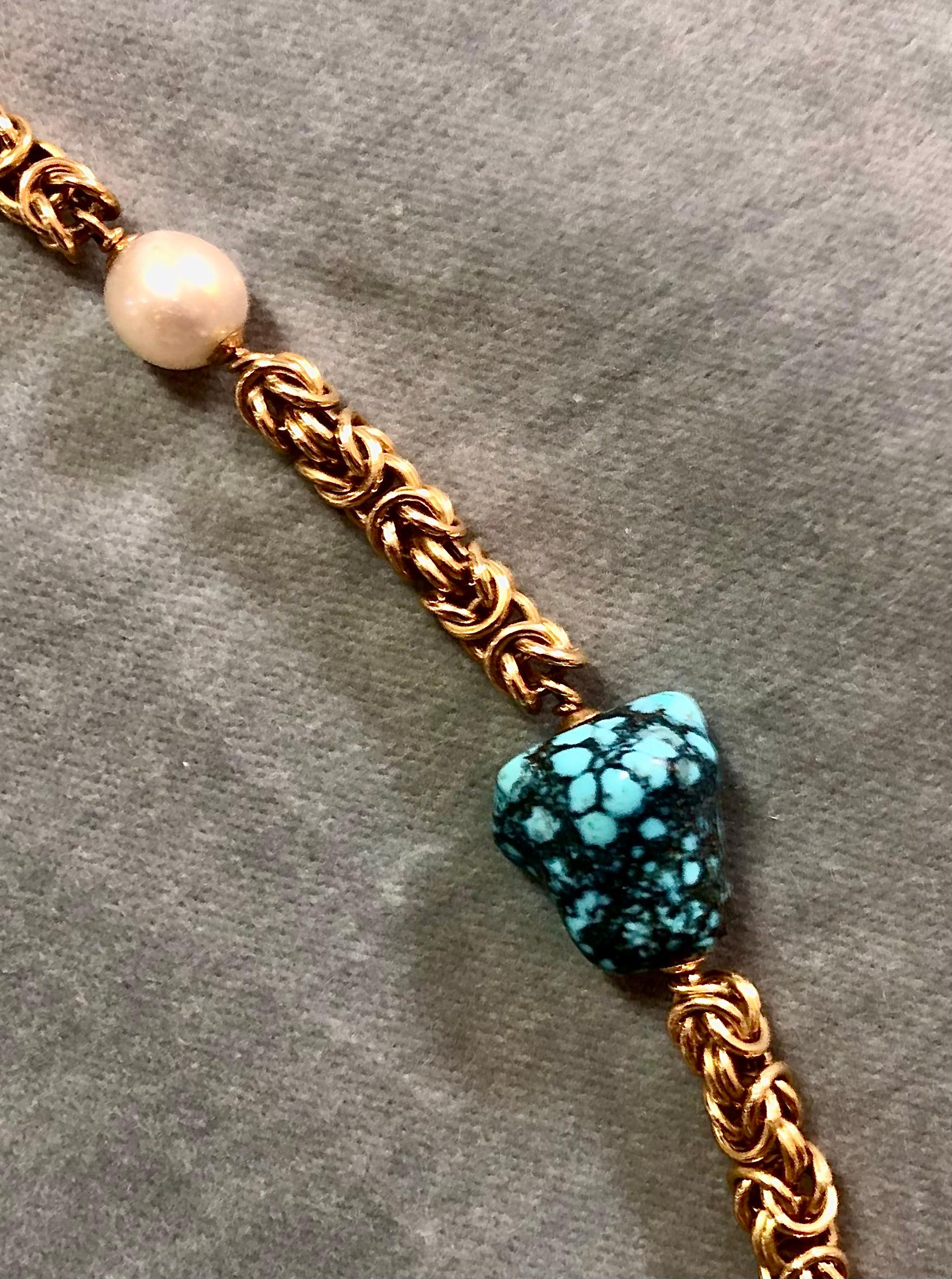 19kt gold chain with Pearls and Turquoise For Sale 1