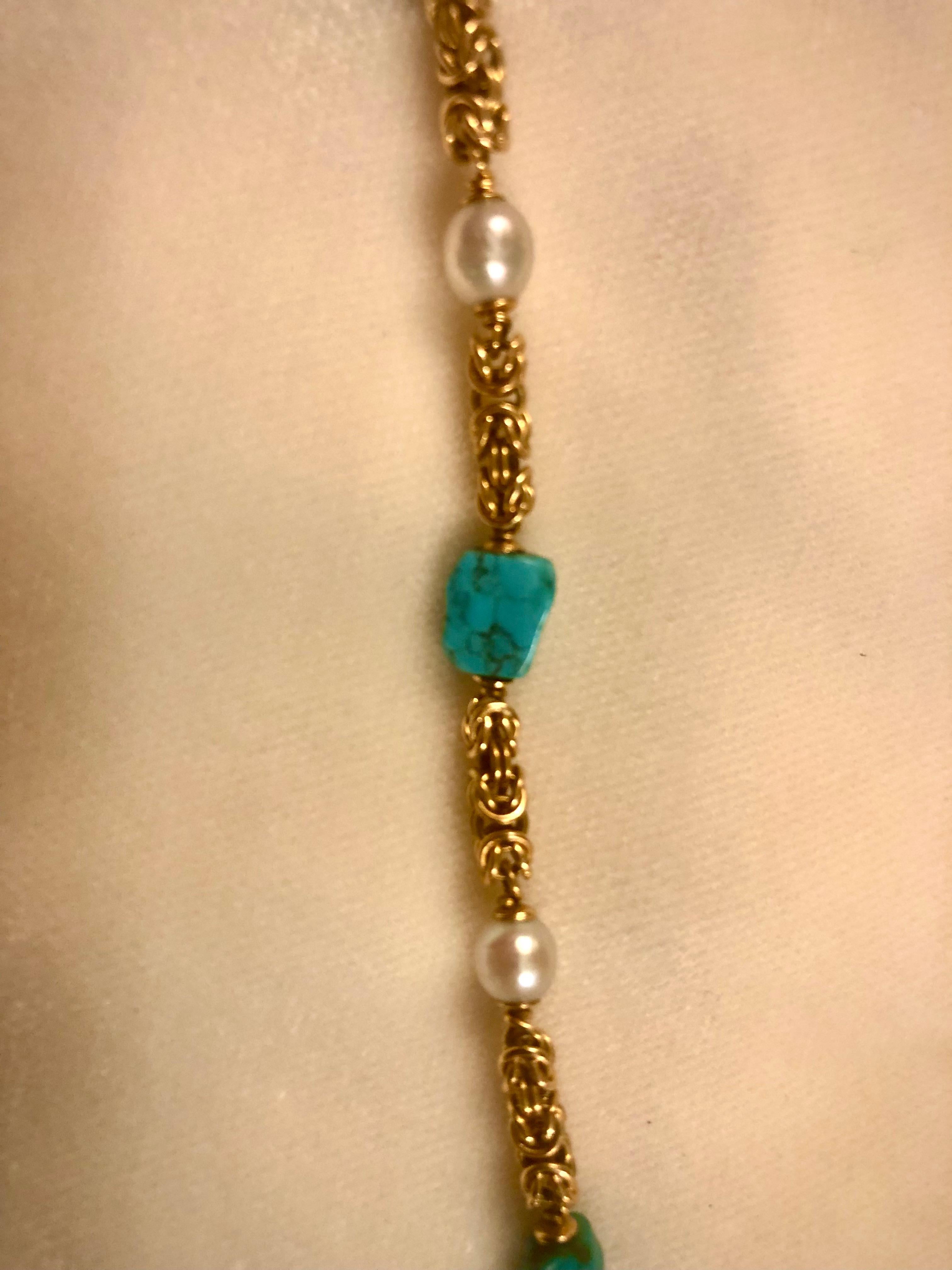 Bead 19kt gold, turquoise and pearl bracelet For Sale
