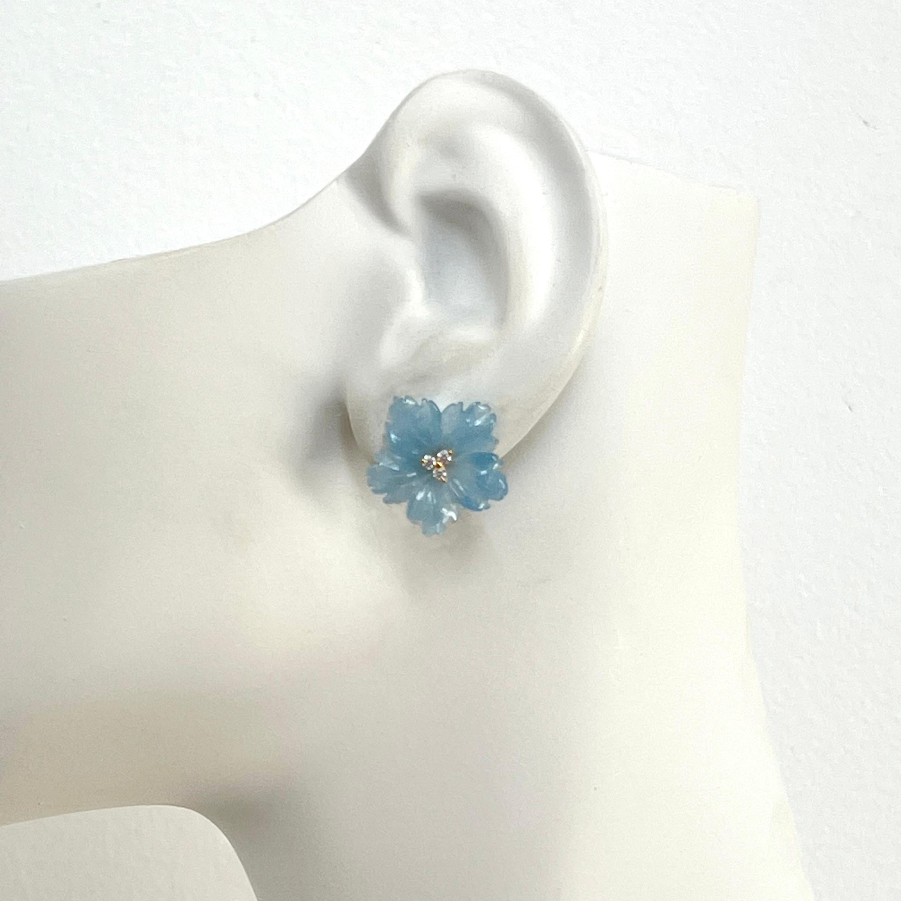 Mixed Cut 19mm Carved Blue Quartzite Flower Vermeil Earrings For Sale
