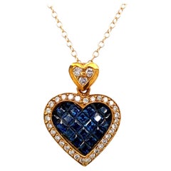 1980s Custom Invisible Set Sapphire and Diamond Heart Pendant