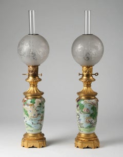 19t Century Napoleon III Chinoiserie Gilt Bronze and Porcelain Oil Lamps