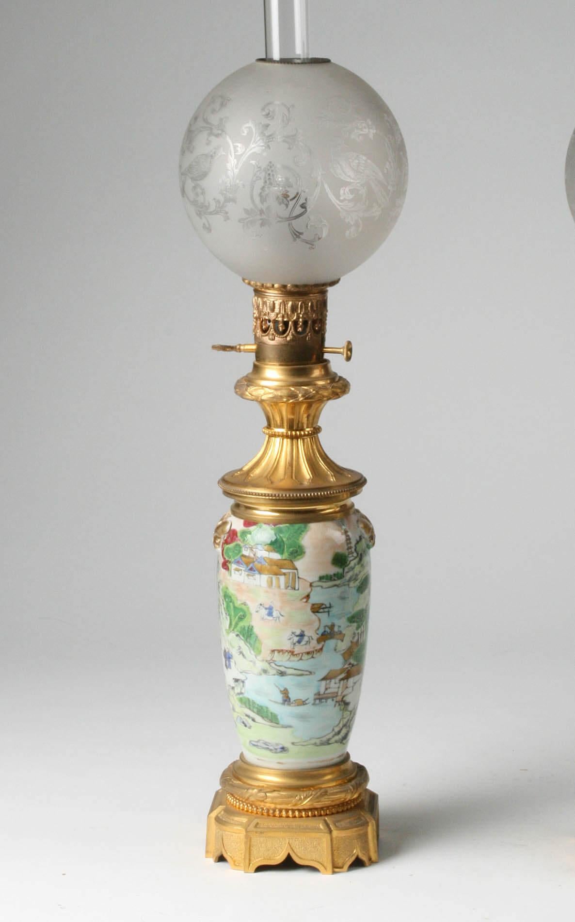 French 19t Century Napoleon III Chinoiserie Gilt Bronze and Porcelain Oil Lamps