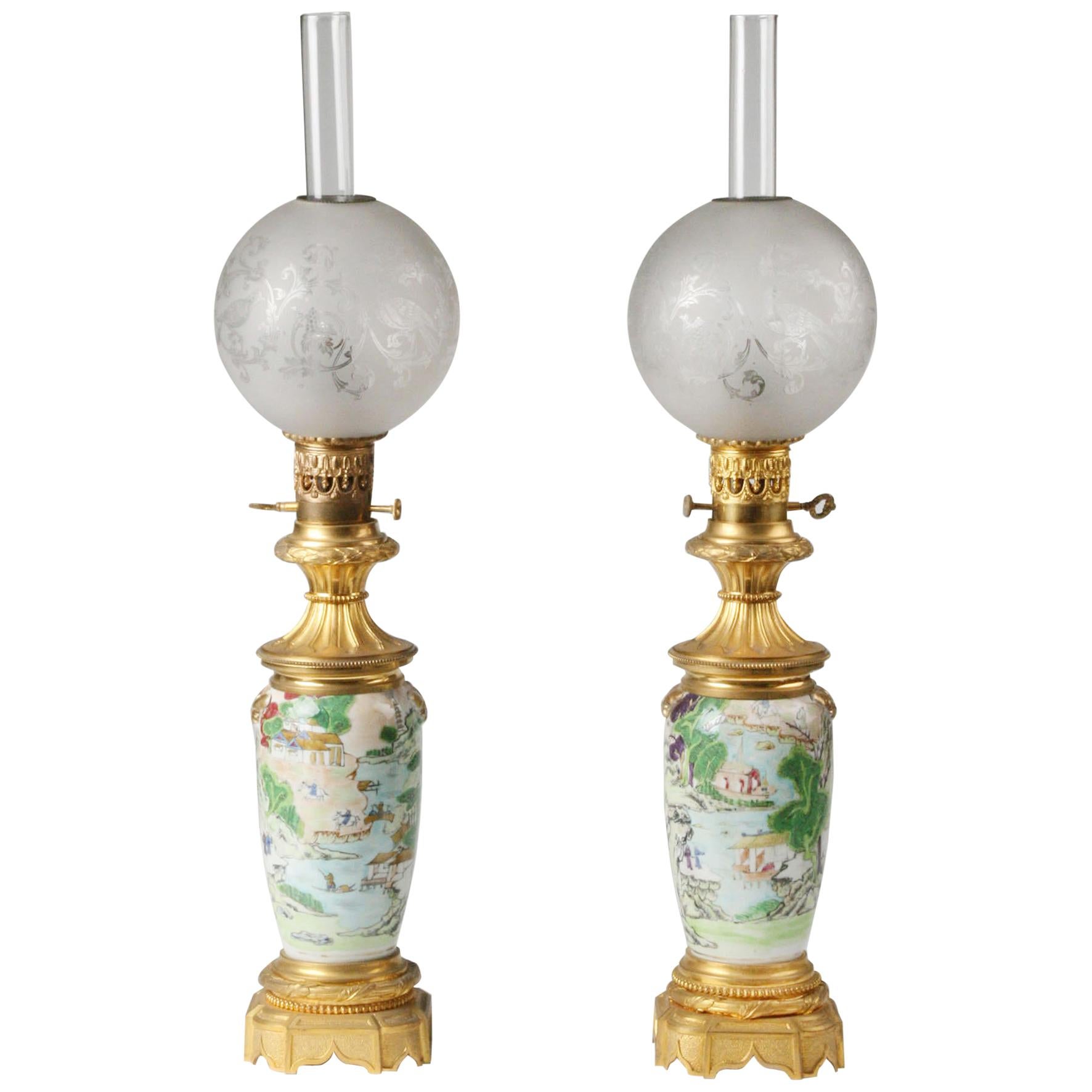 19t Century Napoleon III Chinoiserie Gilt Bronze and Porcelain Oil Lamps