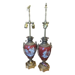 Par de Lámparas Imperio Francés Siglo XIX Porcelana de París (Óxido) Soportes de Ormolu
