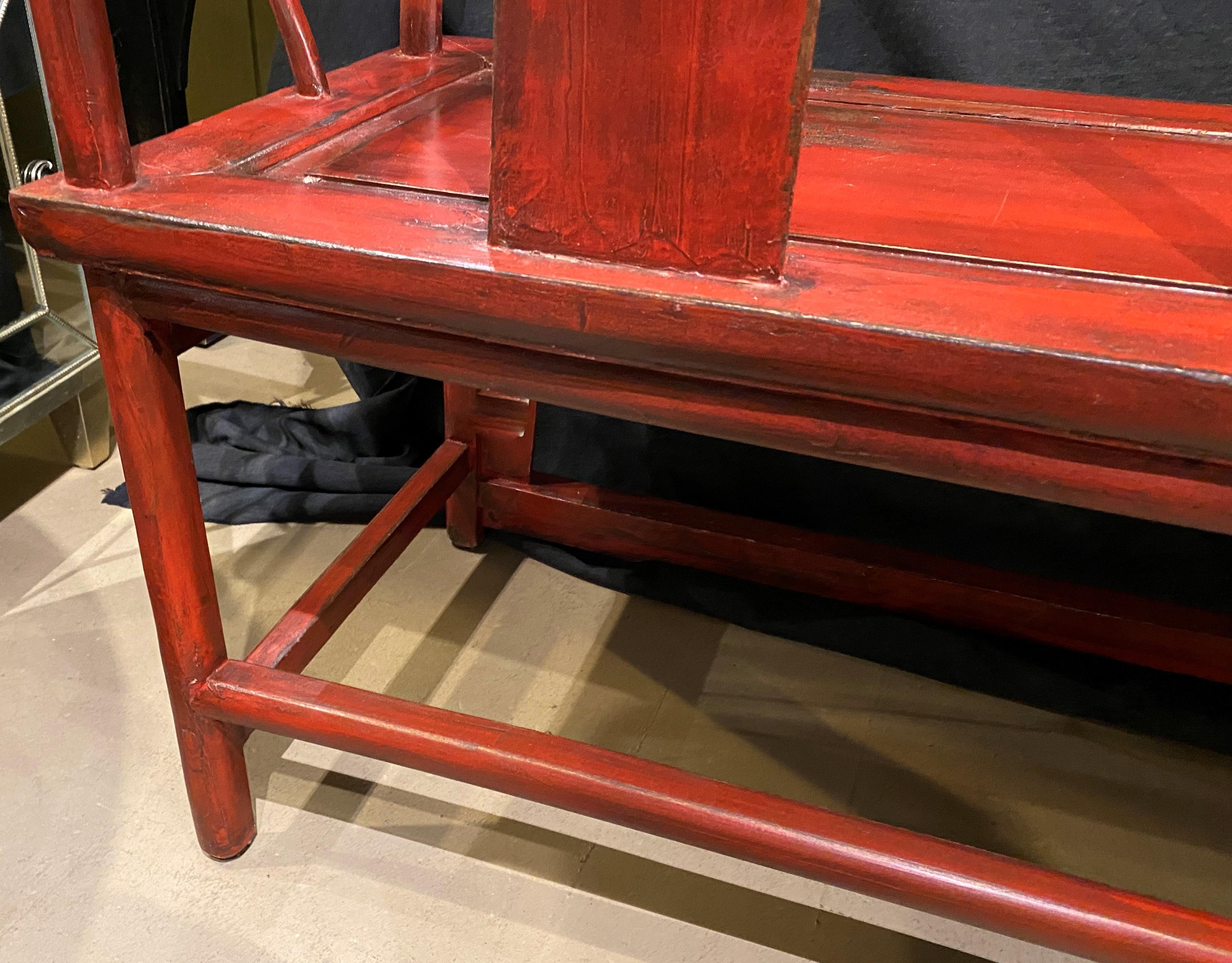 19th / 20th C Chinese Hand Painted Red Lacquer Wooden Bench 7