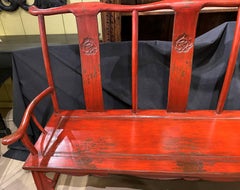 19th / 20th C Chinese Hand Painted Red Lacquer Wooden Bench