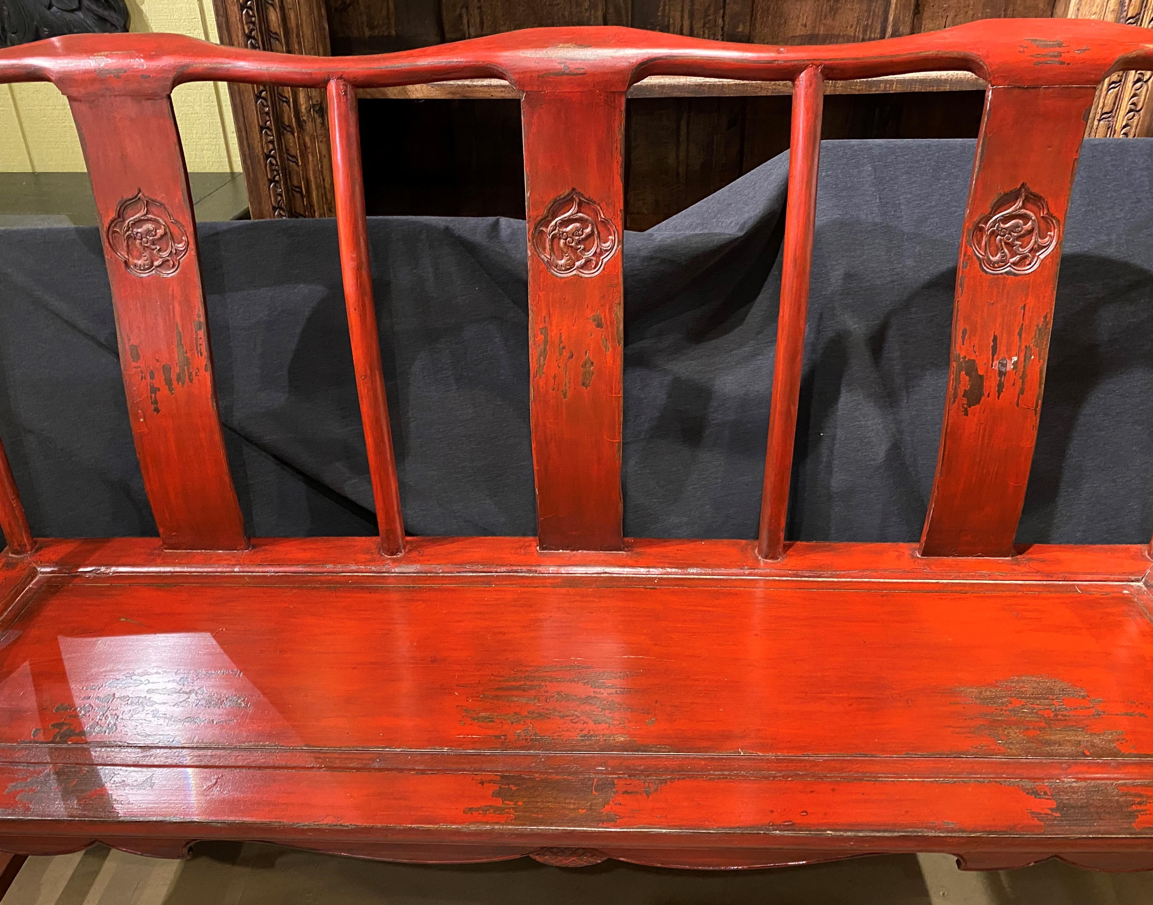 Hand-Carved 19th / 20th C Chinese Hand Painted Red Lacquer Wooden Bench