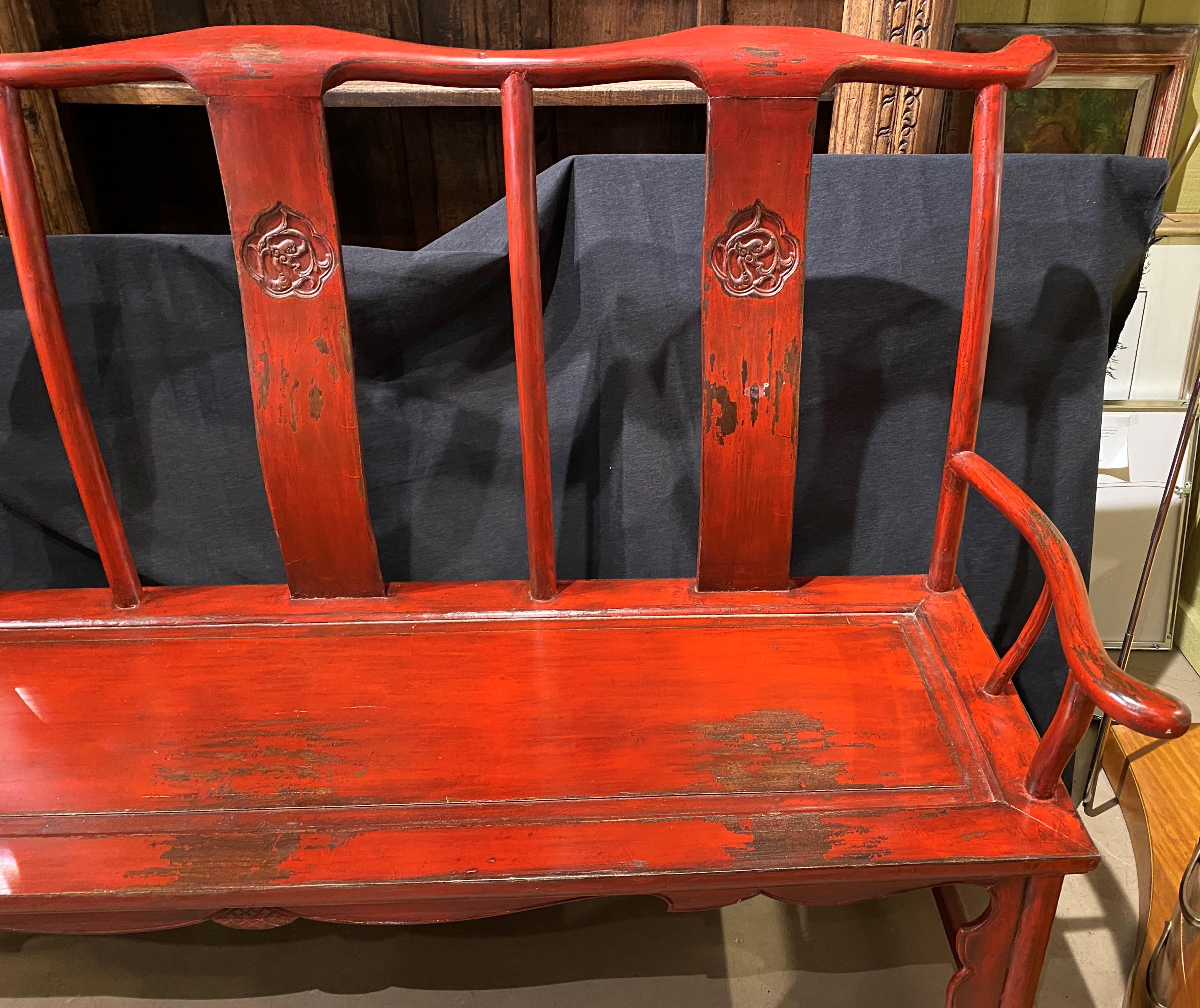 19th / 20th C Chinese Hand Painted Red Lacquer Wooden Bench In Good Condition In Milford, NH