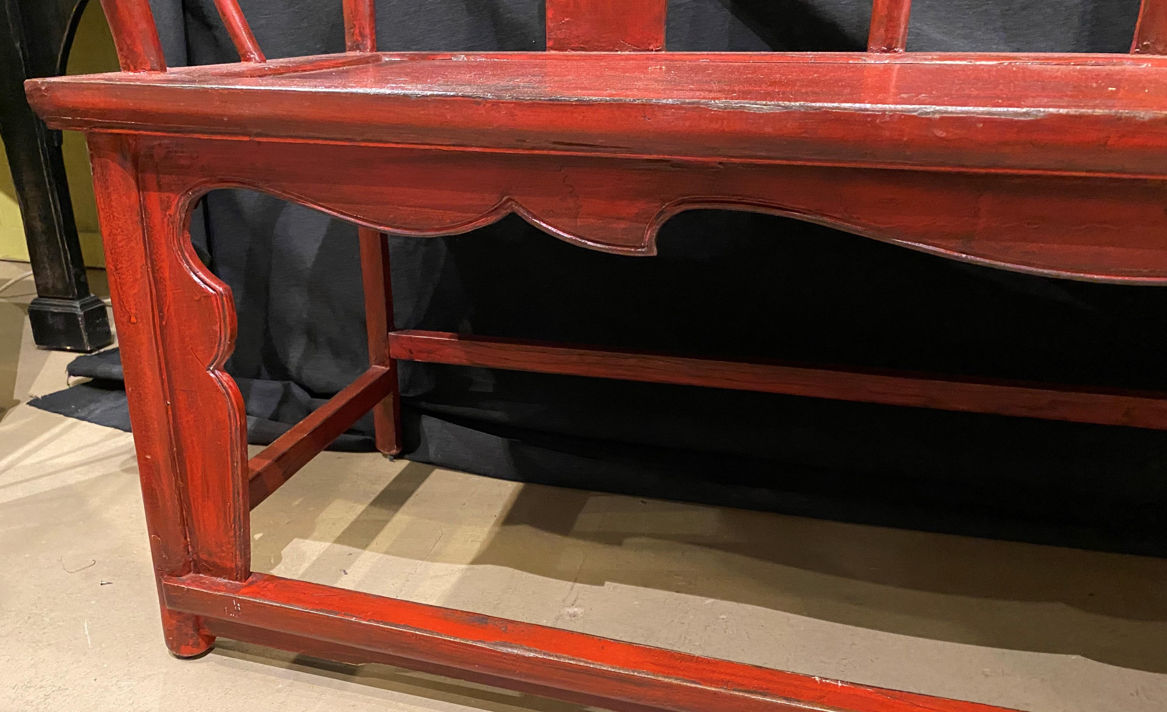 19th Century 19th / 20th C Chinese Hand Painted Red Lacquer Wooden Bench