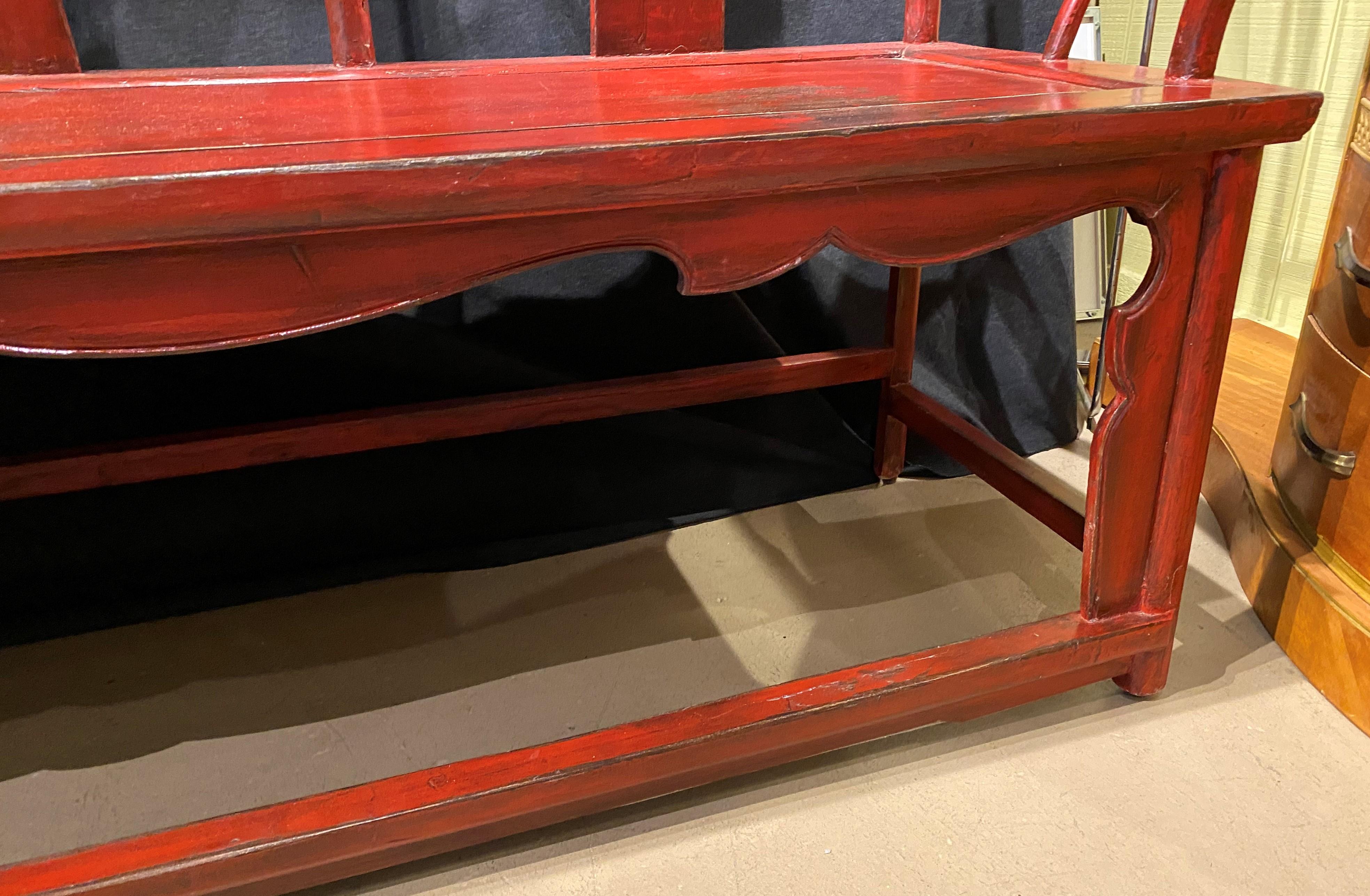 19th / 20th C Chinese Hand Painted Red Lacquer Wooden Bench 1