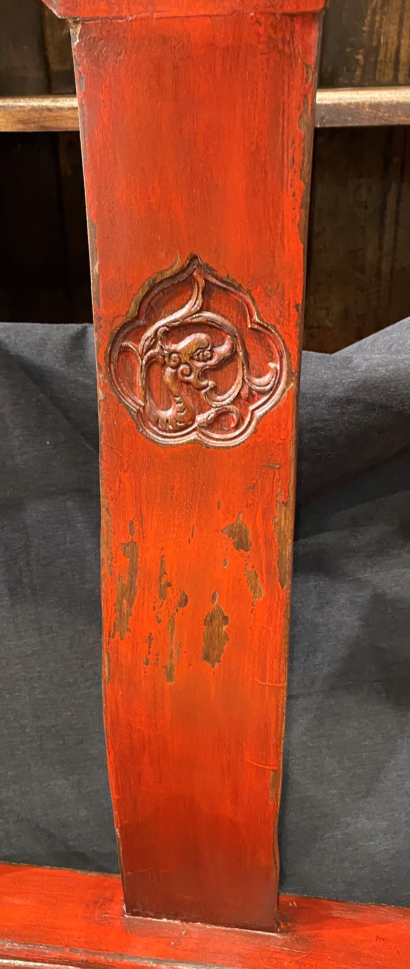 19th / 20th C Chinese Hand Painted Red Lacquer Wooden Bench 3