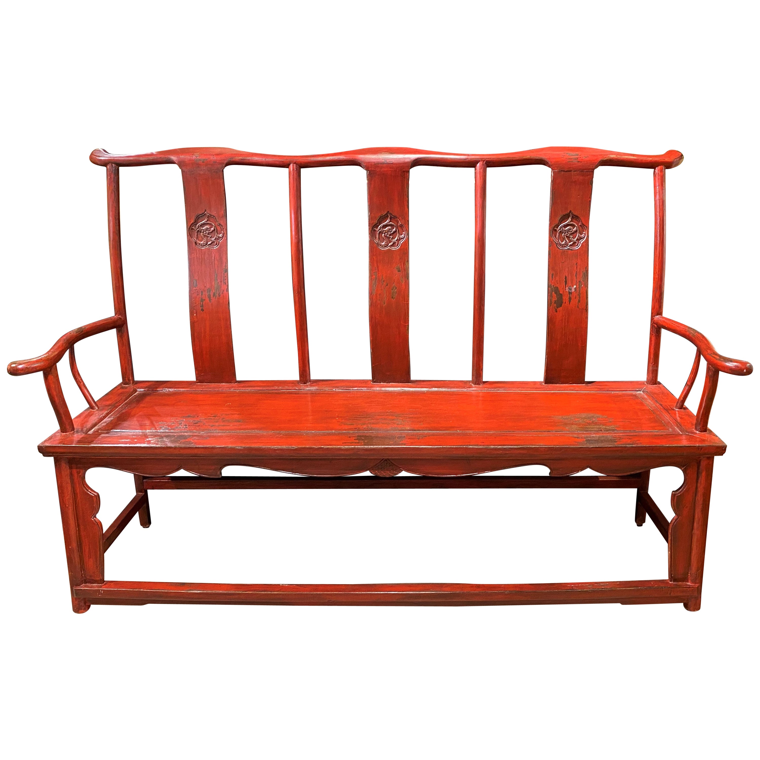 19th / 20th C Chinese Hand Painted Red Lacquer Wooden Bench