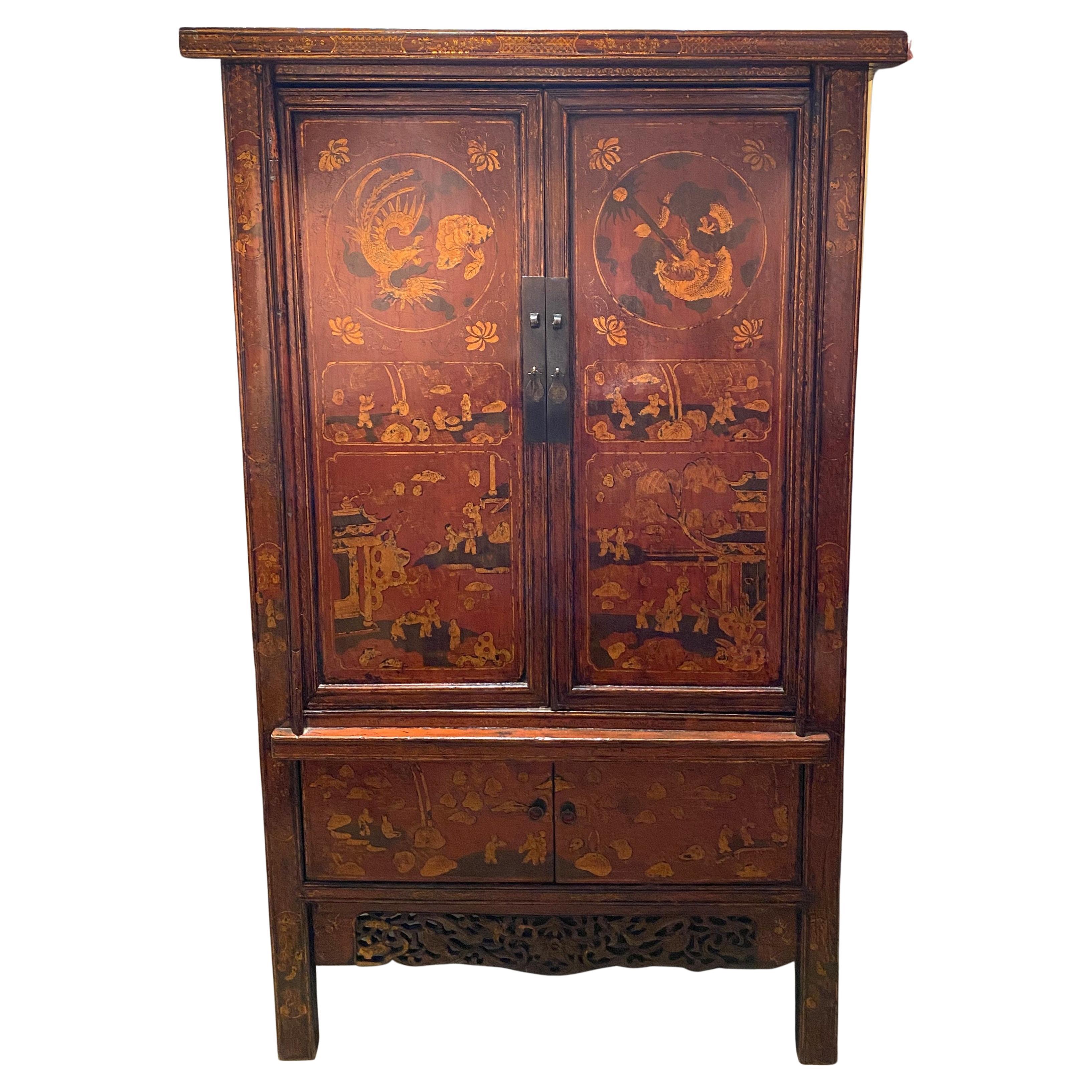 19th/20th c Paint Decorated Red & Gilt Chinoiserie Armoire or Wedding Cabinet