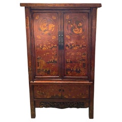 19th/20th c Paint Decorated Red & Gilt Chinoiserie Armoire or Wedding Cabinet