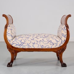 19th/20th C. Printed Linen Upholstered American Empire Mahogany Paw Foot Bench