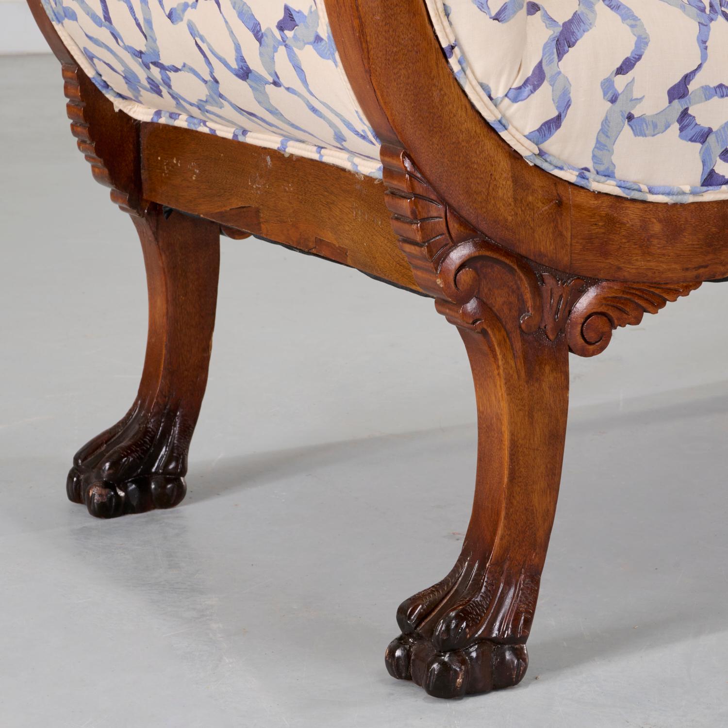 19th/20th C. Printed Linen Upholstered American Empire Mahogany Paw Foot Bench For Sale 1