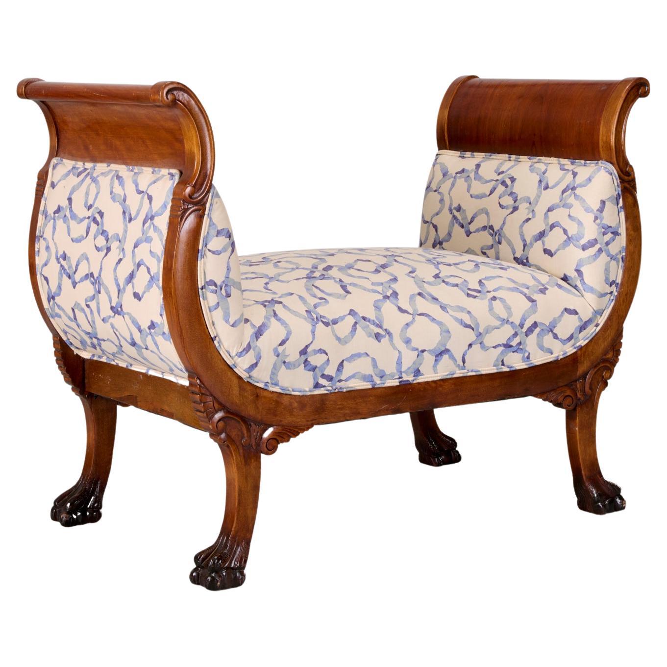 19th/20th C. Printed Linen Upholstered American Empire Mahogany Paw Foot Bench For Sale