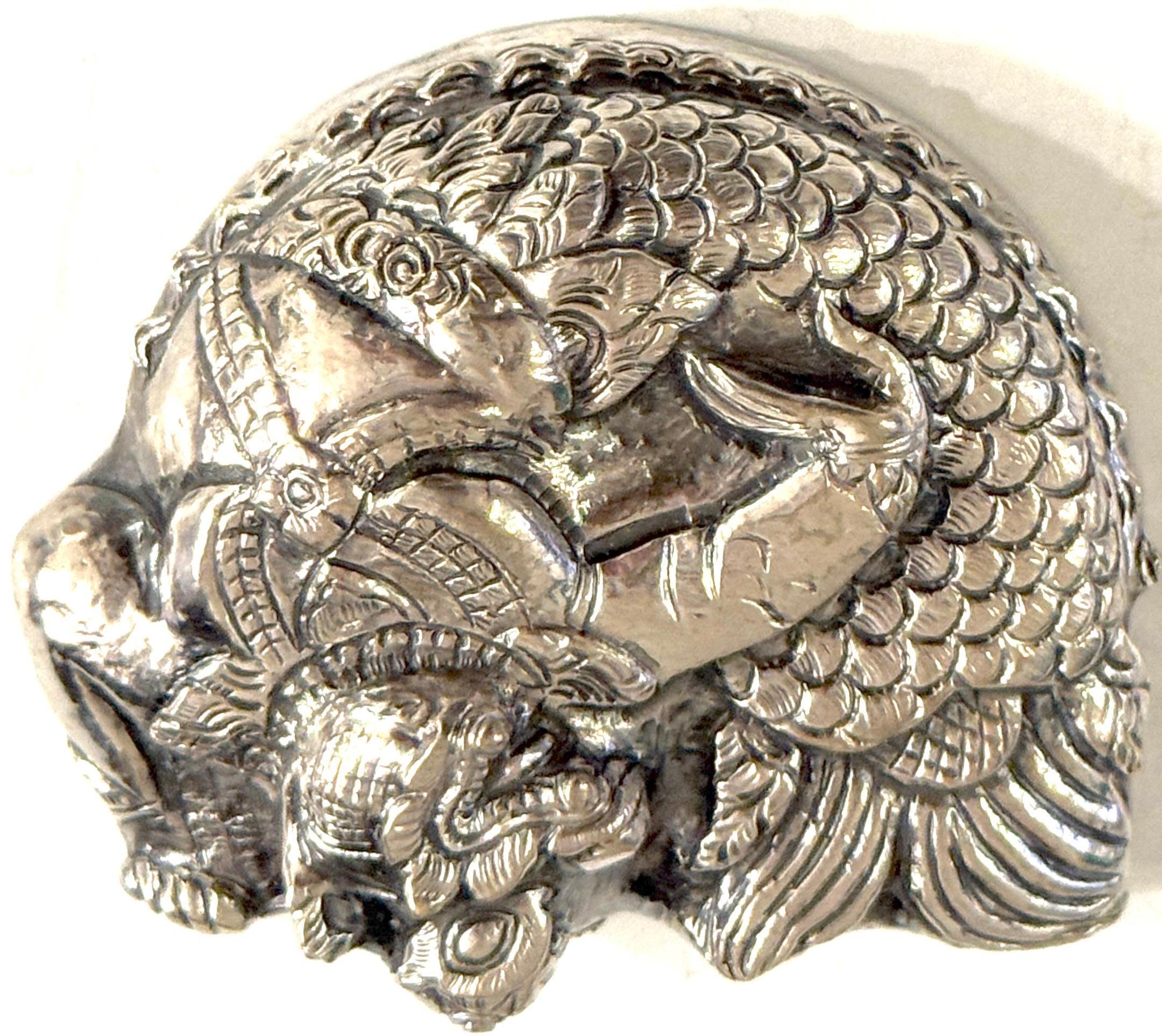 Tibetan 19th/20th C. Repoussé Silver Box Mythical Guardian Figure, Tibet or South India For Sale