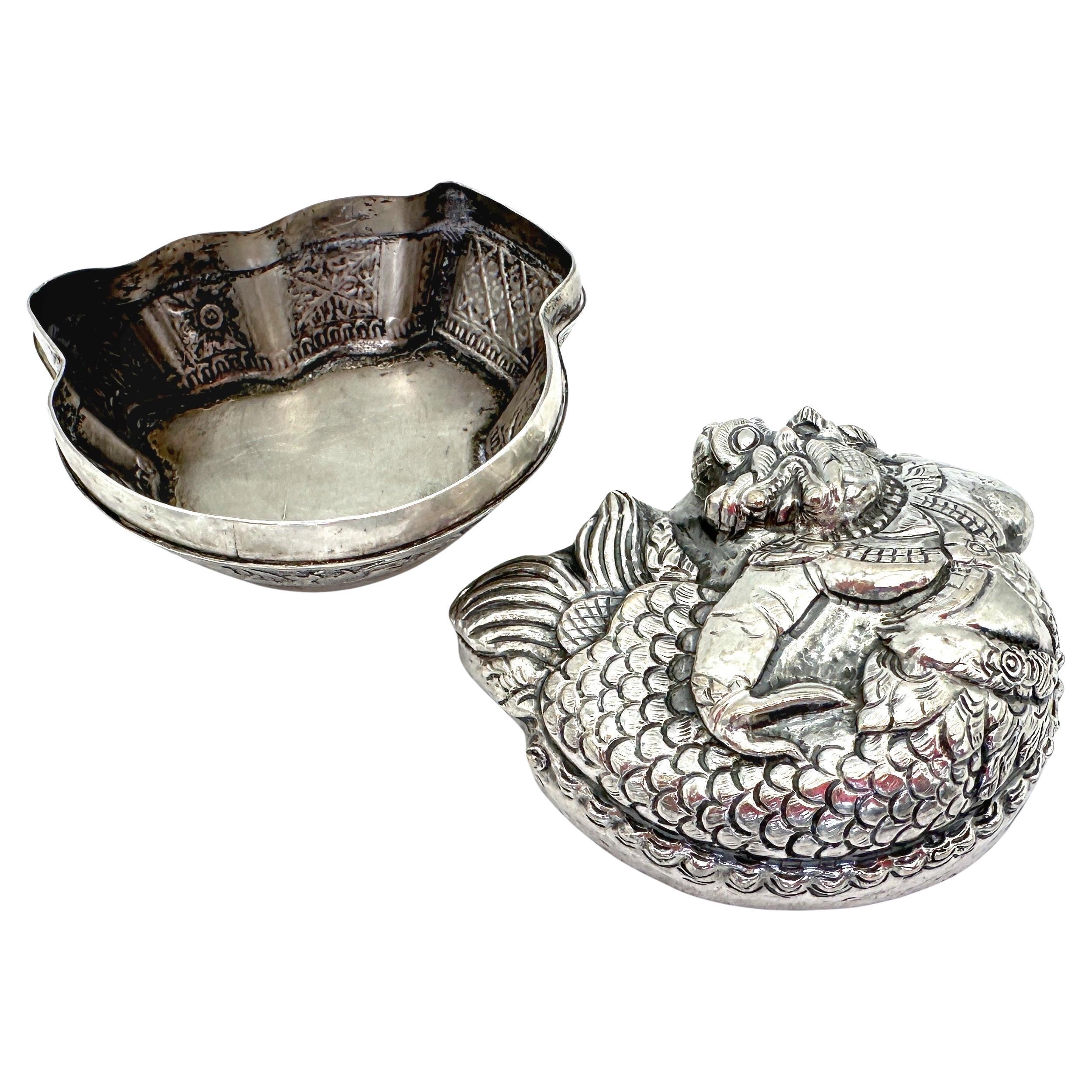 Tibetan 19th/20th C. Repoussé Silver Box Mythical Guardian Figure, Tibet or South India For Sale