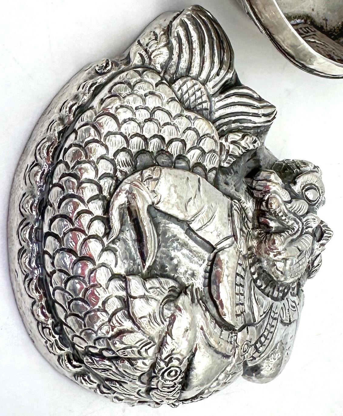 Cast 19th/20th C. Repoussé Silver Box Mythical Guardian Figure, Tibet or South India For Sale