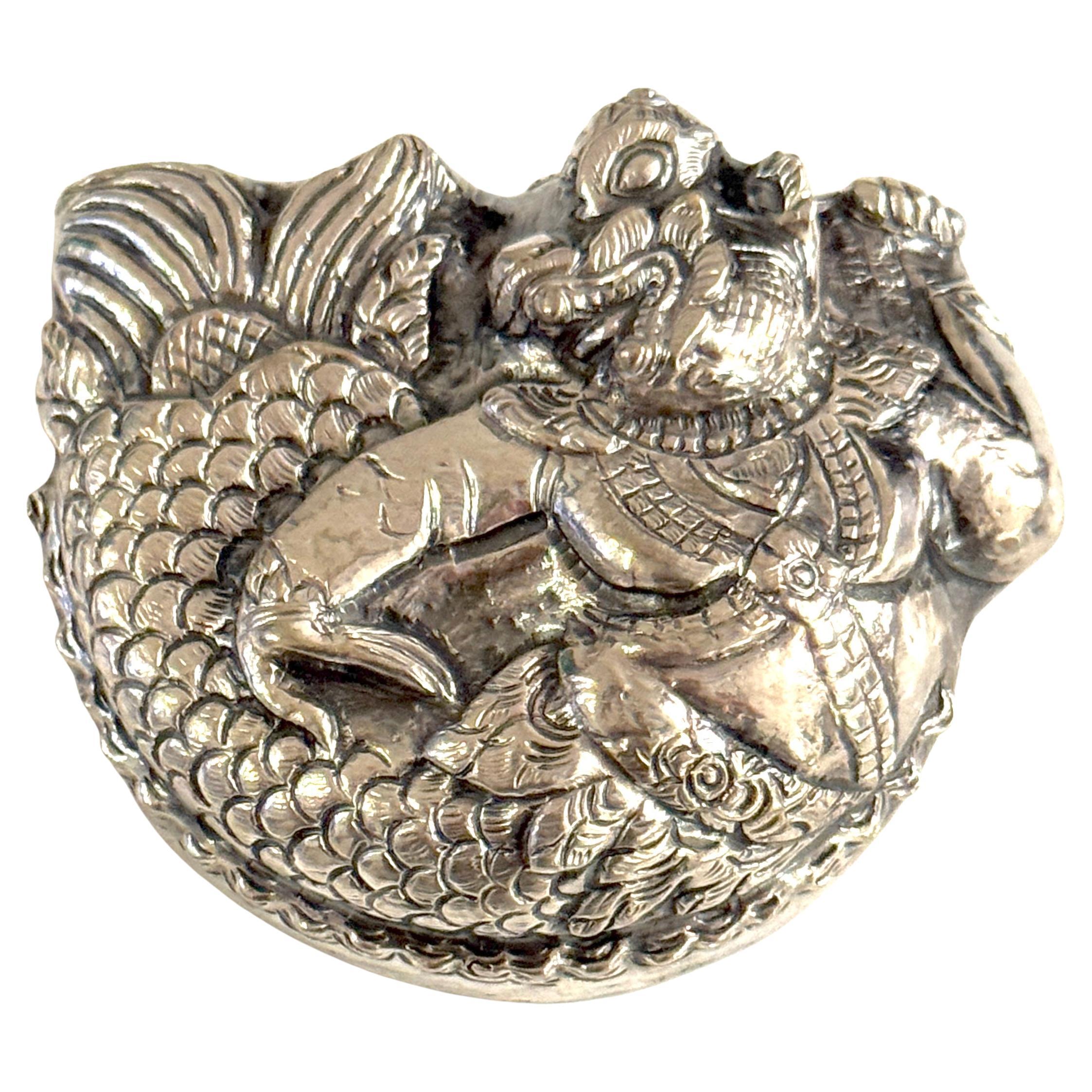 19th/20th C. Repoussé Silver Box Mythical Guardian Figure, Tibet or South India For Sale
