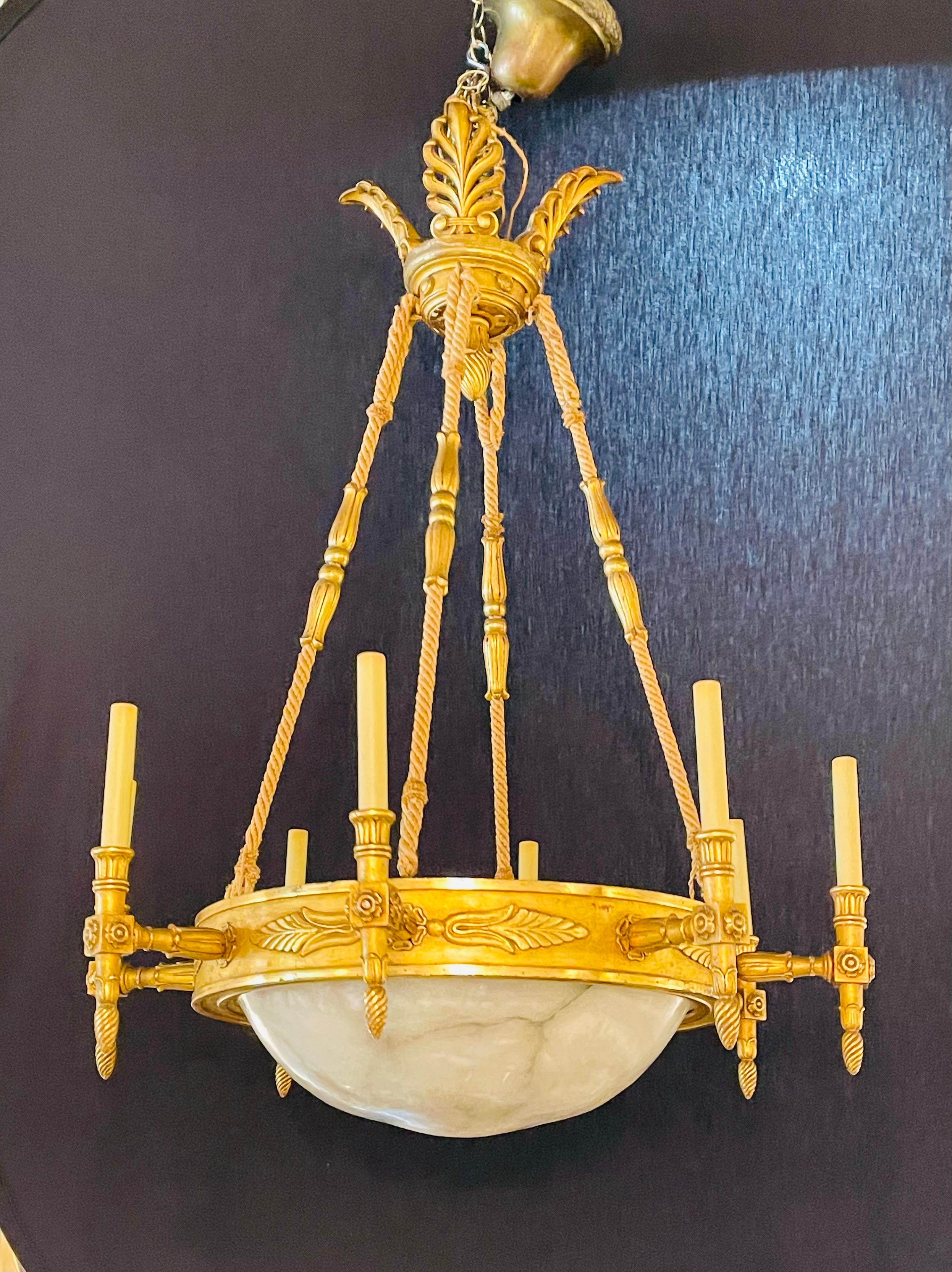 French 19th-20th Century Alabaster and Giltwood Chandelier