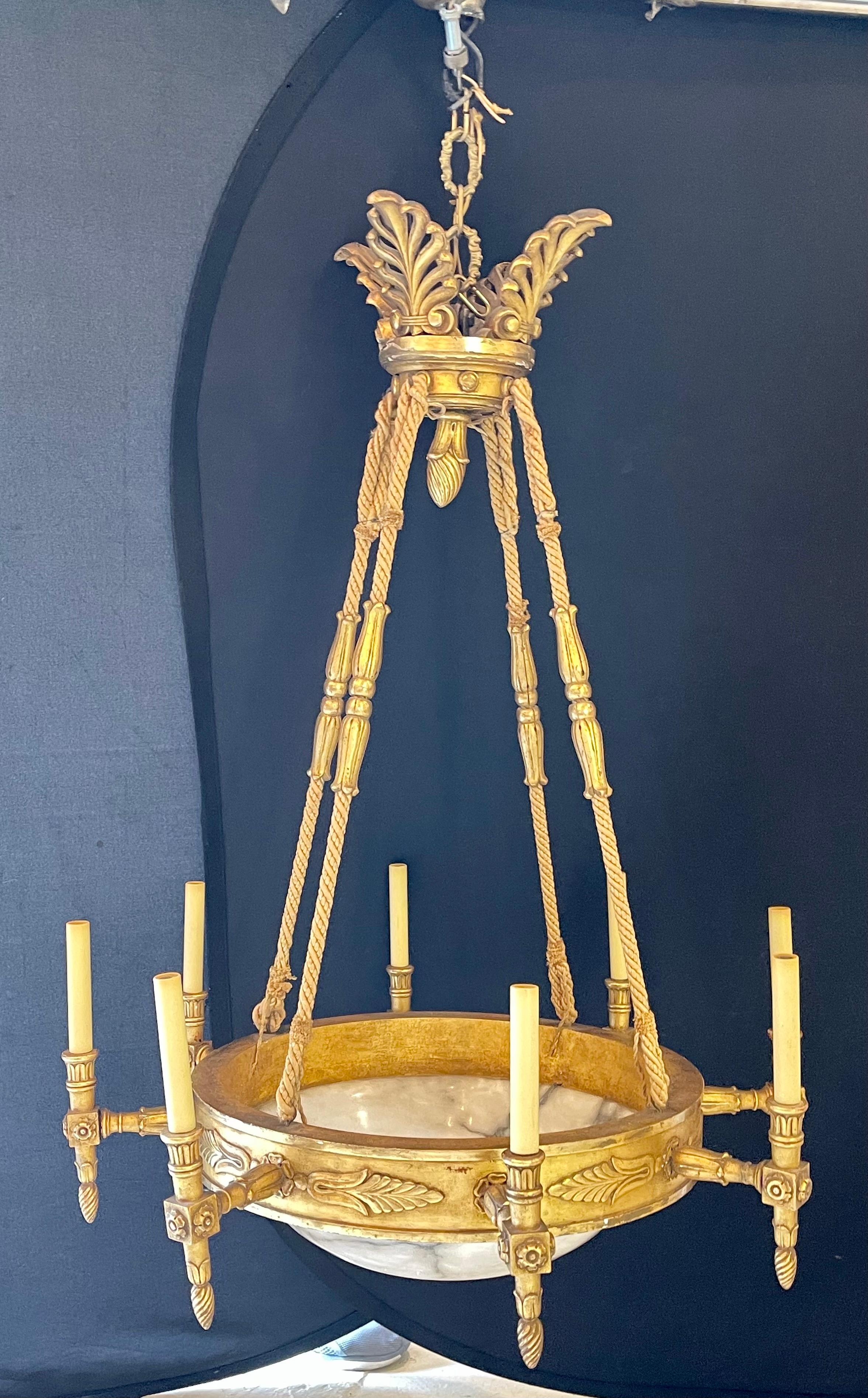 19th-20th Century Alabaster and Giltwood Chandelier In Good Condition In Stamford, CT