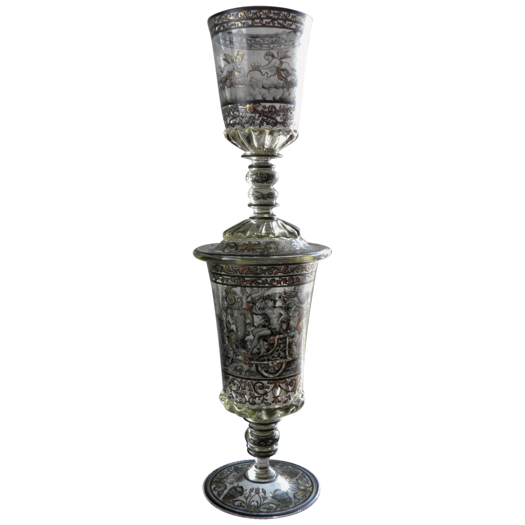 19th-20th Century Antique Double Goblet Schwarzlot Style