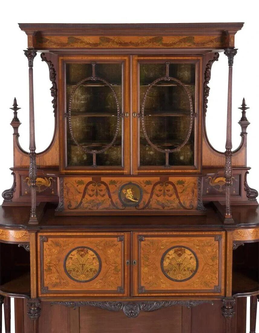 19th / 20th Century Antique Edwardian Style Carved Wood & Inlaid, Tall, Buffet In Good Condition In Austin, TX