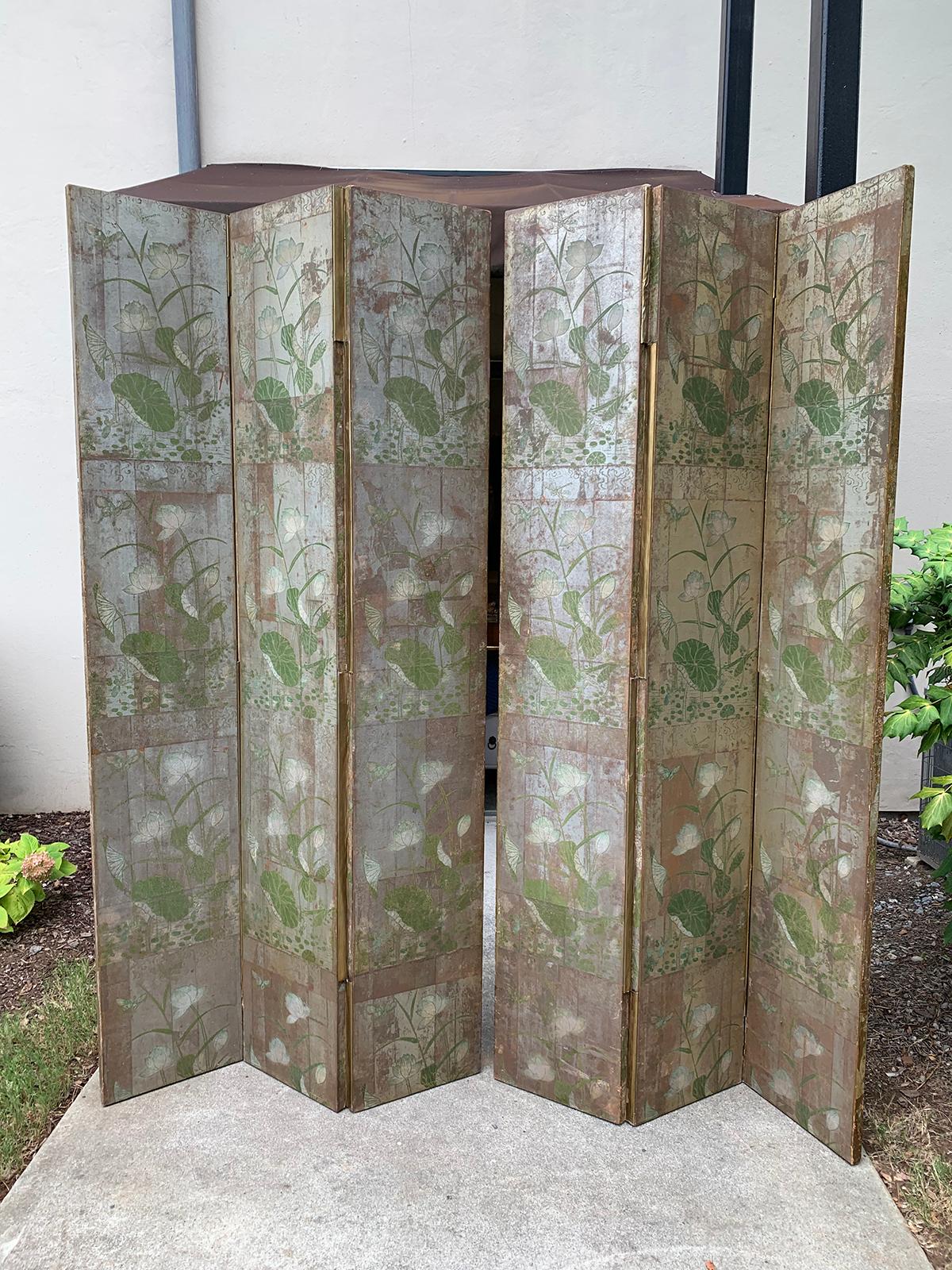19th-20th Century Asian Chinoiserie Double Sided Six-Panel Mulberry Paper Screen In Good Condition In Atlanta, GA